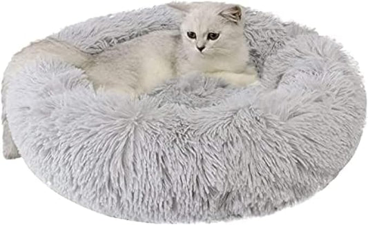 Cat Beds for Indoor Cats - Cat Bed Washable 24 inches, Dog Beds for Small Medium Dogs, Anti Anxiety Round Fluffy Plush Faux Fur Cat Bed, Thick Bottom (Light Grey, Large)