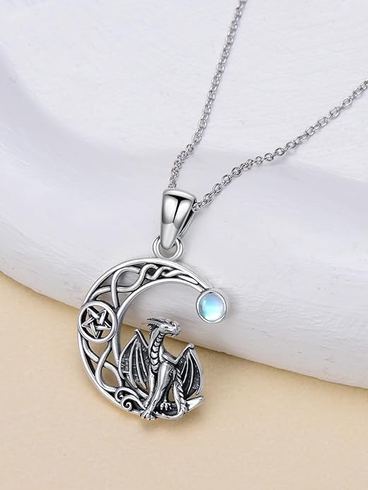 Black Cat/Dragon/Fox/Wolf Necklace 925 Sterling Silver Celtic Moon Pentagram Pendant Gothic Jewelry Goth Halloween Gifts for Women
