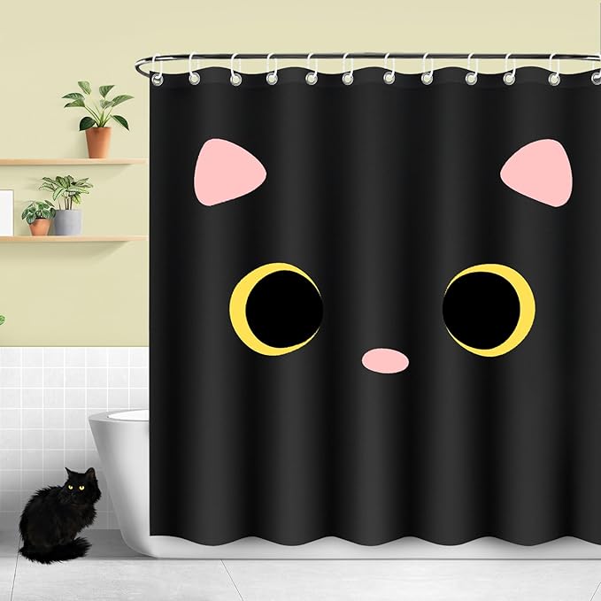 Black Cat Shower Curtain for Bathroom, Cute Cat Print Bathrooms Curtain, Waterproof Polyester Fabric Bathroom Home Decor with 12 Hooks, 71 x 71 Machine Washable (Black)