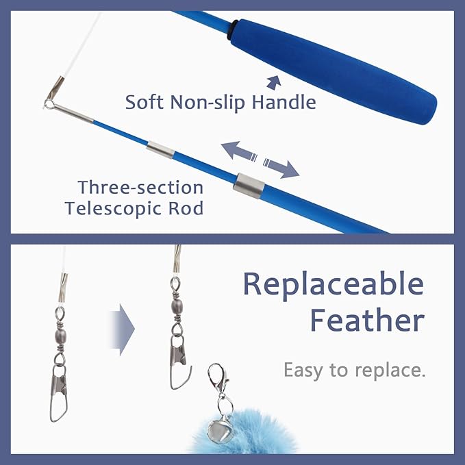 SONGWAY Cat Wand Toys for Indoor Cats - Cat Feather Toys with Retractable Cat Stick and 6 PCS Fairy Cat Teaser Toy Refills, Butterfly Tassel Plush Cat Toys Interactive, Blue