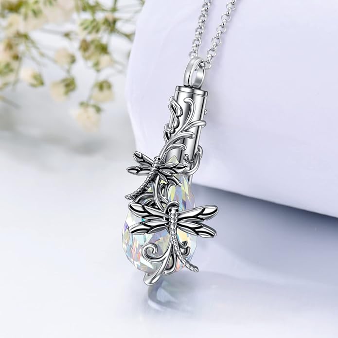 Animal Crystal Urn Necklace For Ashes Sterling Silver Butterfly Dragonfly Bee Phoenix Peacock Hummingbird Fox Angel Wing Pentagram Pentacle Cremation Necklace Heart Teardrop Urn Holder Necklaces For Women Memorial Jewelry