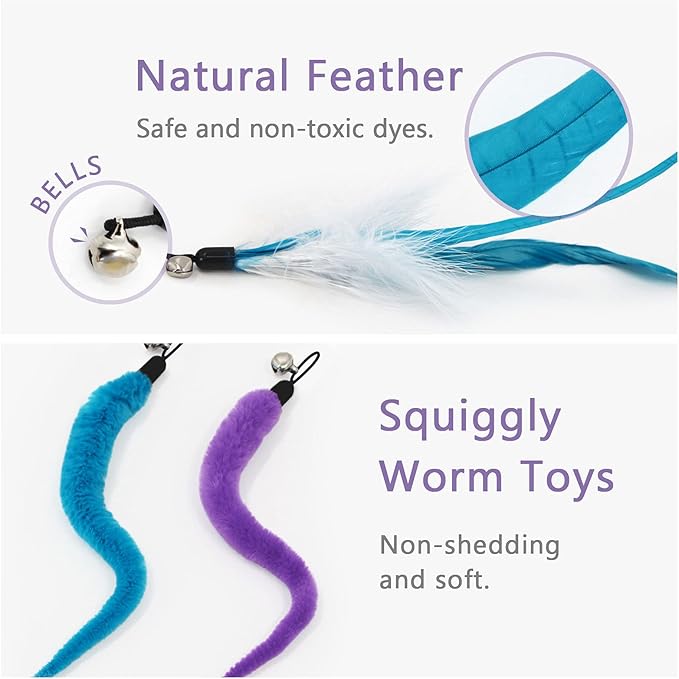 SONGWAY Interactive Cat Feather Toys - 7 Pcs Cat Toy Set, Retractable Cat Wand Toy, Teaser Refills Worm Bird Feathers with Bell, Cat Teaser Toys for Indoor Cats Kitten Play Chase Exercise, Blue