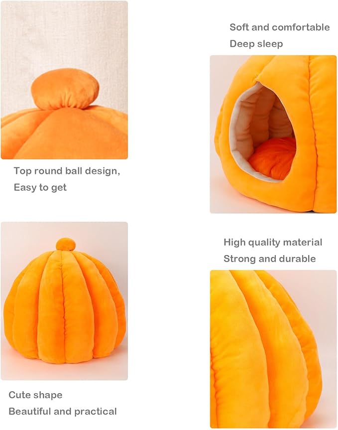 Cat Bed for Indoor Cats, Cute Pumpkin Style Cat Cave Bed Cat House Tent with Removable Cushion Soft Fluffy Pet Bed for Kitten Small Cat Rabbit Bunny (Orange)