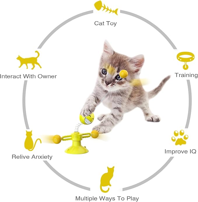 Laxier Cat Toys Interactive Spin with Rotating Springs Ball for Indoor Kittens Self Play Kitty Teaser Wand (Yellow)