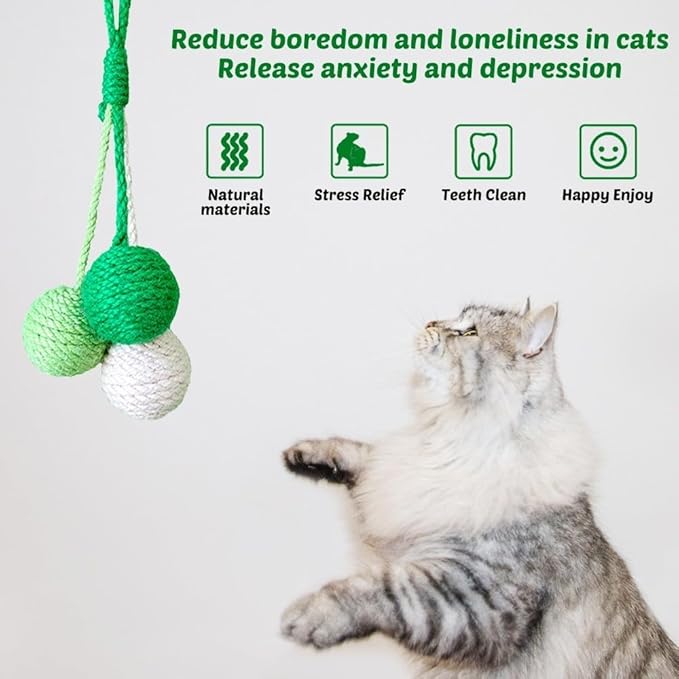 MiOYOOW Cat Toy Sisal Ball, Tricolor Hanging Cat Balls Handmade Cat Scratcher Ball Interactive Toy for Indoor Cats Kittens
