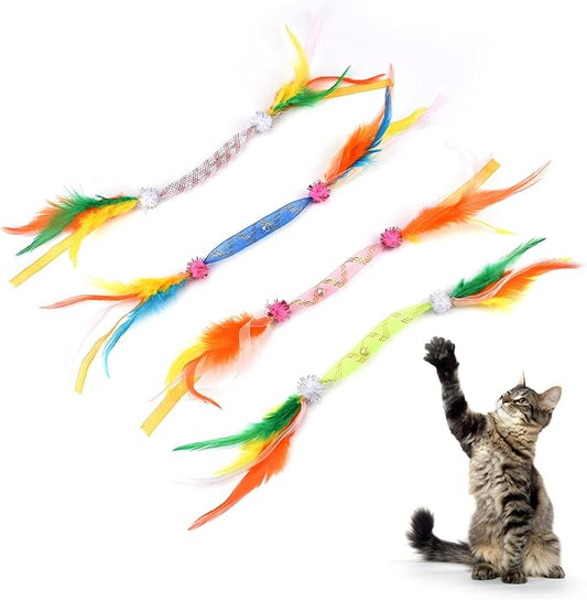 TUSATIY Cat Feather Toys with Bell 4Pack, Colorful Cat Teaser Cat Springs Ribbon Toys,Interactive Cat Toys for Indoor Cats Kitten, Suitable for Cats Bite & Hunt