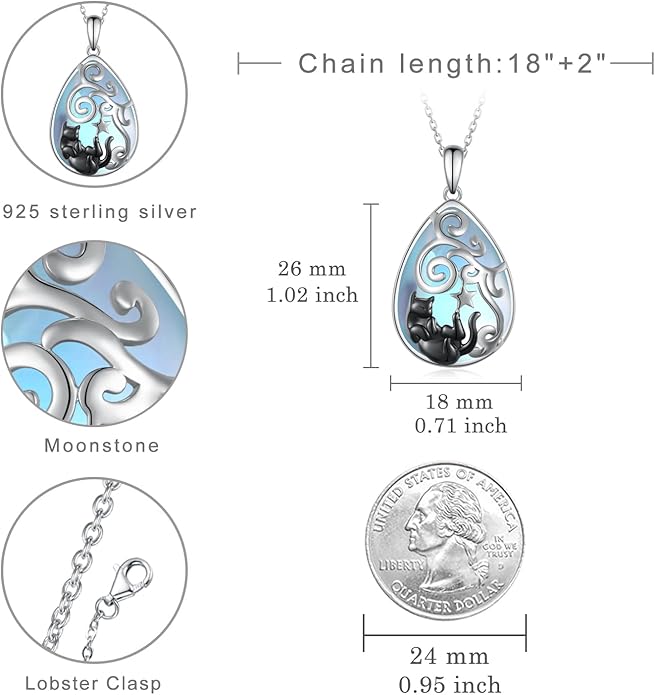 Black Cat Necklace 925 Sterling Silver Moonstone Black Cat Necklace Moonstone Cat Jewelry Gifts for Women