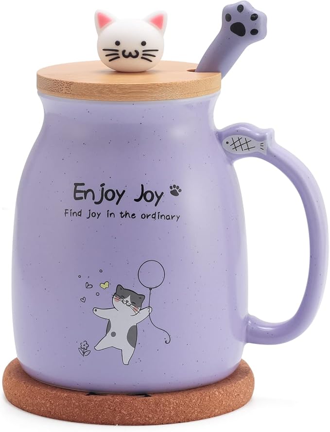 Bgbg Cute Cat Mug - Novelty Ceramic Coffee Cup With Kawaii Wooden Kitty Lid, Lovely Claw Spoon, Anime Coaster - Christmas Birthday Gifts for Women, Cat Lovers, Girls, Kids - 480ML