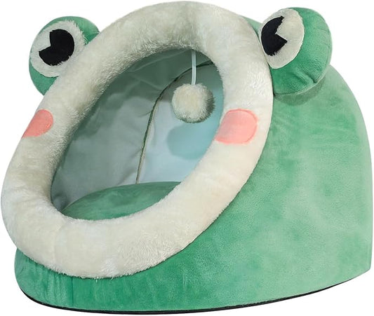 Jiupety Cute Cat Bed, Indoor Lovely Crystal Velvet Igloo for Cat, Warm Cave Sleeping Nest Bed for Puppy and Kitten, Green Frog, S