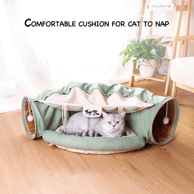 2-in-1 Collapsible Cat Tunnel for Indoor Cat Bed and Hideout for Pet Dog Rabbit Bunny Ferret Tunnel Tubes Toys with Removable Washable Mat, Cat Tower Wheel Stuff