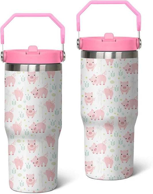 30 Oz Pig Tumbler with Handle and Straw, Pig Mug Insulated Pig Cups for Women, Double Wall Stainless Steel Pig Coffee Cup, 30 Oz Leak Proof Pig Coffee Mug for Women and Pig Gifts for Women