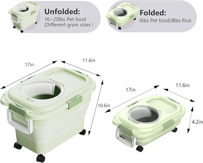 Dog Food Storage Container,Collapsible Dog Food Container with Travel Silicone Bowl and Scoop for Dog/Cat/Bird Food,Keep Dry Food Fresh,Easy to Move.Green(18LB)