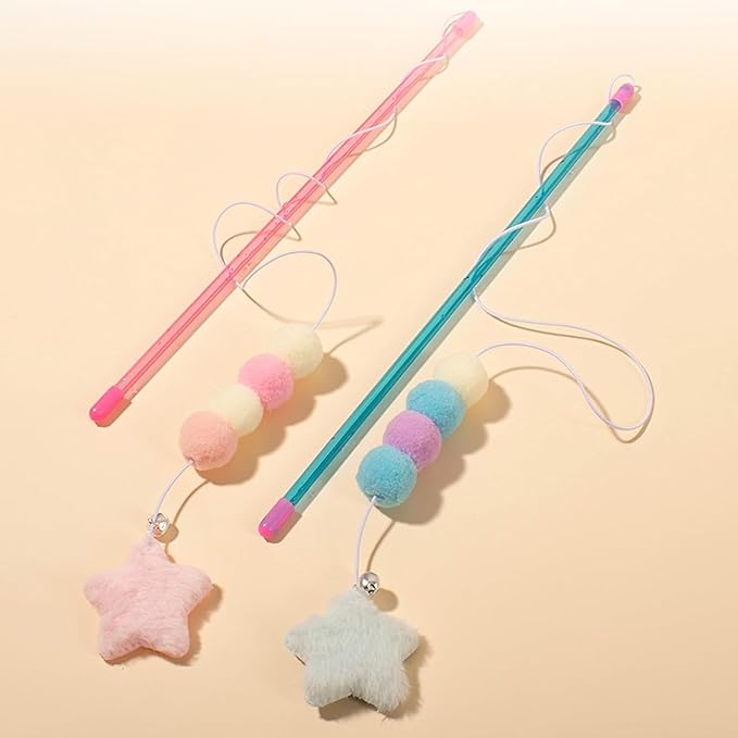 Pink Cat Stick Toy Elastic Rope Plush Ball Star Pendant Bite-Resistant Comfortable Grip Relieve Boredom Handmade Kitten Teaser Wand Cat Mice and Animals Toys