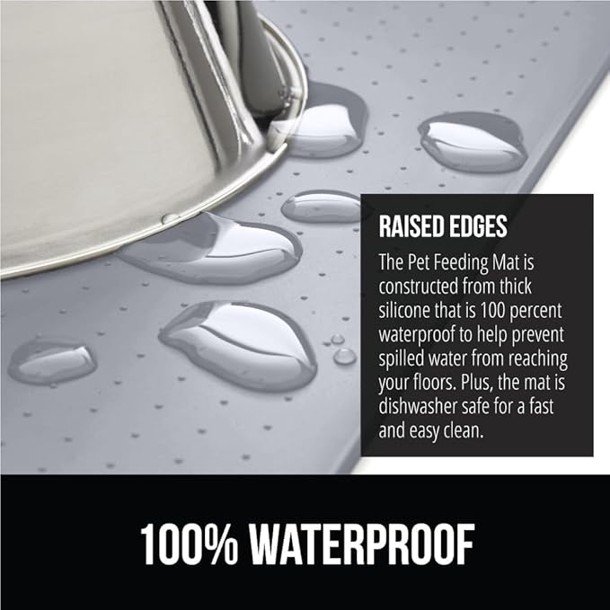 GORILLA GRIP 100% Waterproof Raised Edge BPA Free Silicone Pet Feeding Mat, Dog Cat Food Mats Contain Spills Protects Floors, Placemats for Cats, Dogs Water Bowl, Pets Accessories 32x24 Light Gray