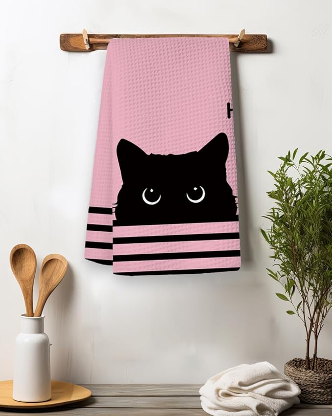 Black Cat Waffle Kitchen Towels, Gifts for Cat Lovers Moms Dish Tea Towels for Kitchen, Decorative Hand Towels for Bathroom Guest Room Decor, 16x24 Inch (Pink)