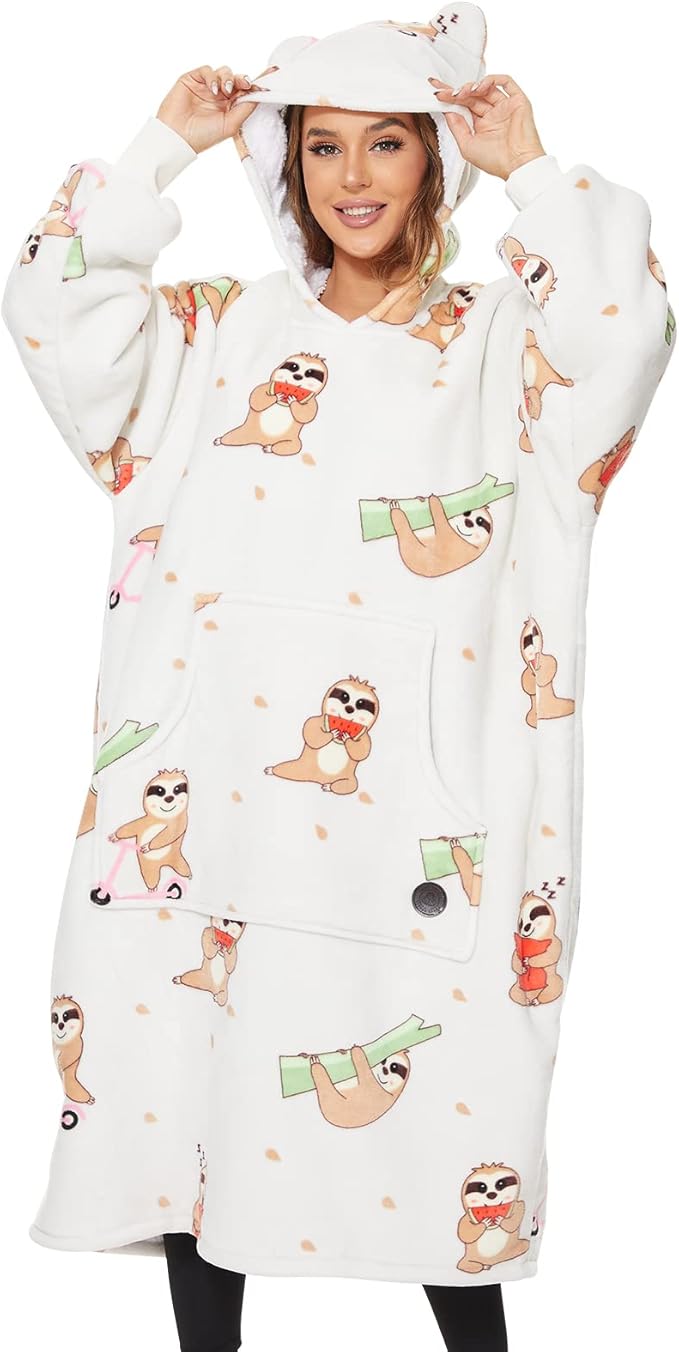 THREE POODLE Wearable Blanket Hoodie, Oversized Long Sherpa Sweatshirt Blanket for Adults Women Men, Warm Cozy Sloth Hooded Blanket, Gifts for Mom Girlfriend