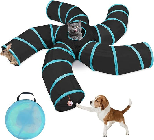 Cat Tunnels for Indoor Cats, 5 Way Cat Tubes and Tunnels Collapsible S-Shaped Cat Toys, Kitty Tunnels with Play Ball, Interactive Pet Tube Toys for Puppy, Kitty, Kitten, Rabbit, Blue & Black