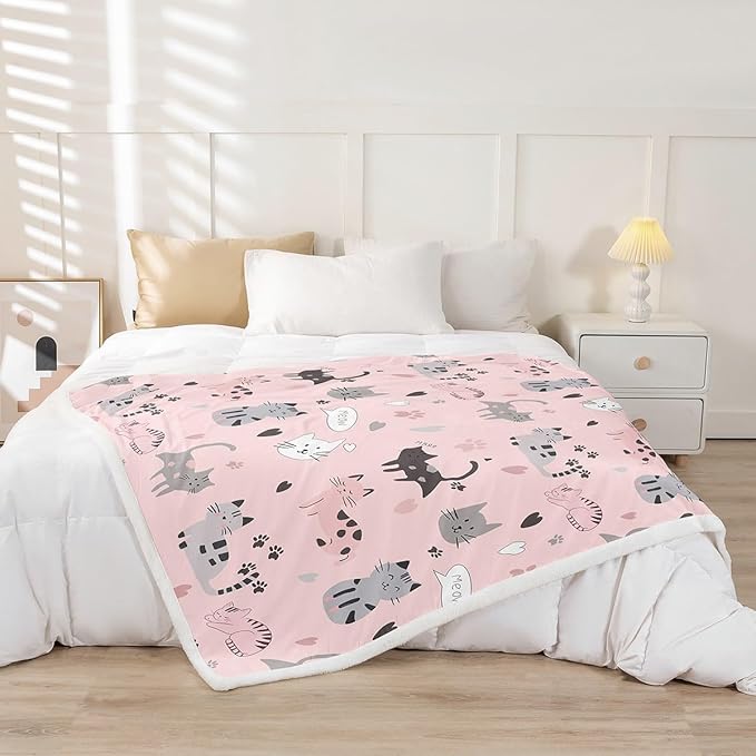 Erosebridal Black & Grey Striped Kitten Throw Blanket for Kids - Kawaii Cute Fleece Throw with Heart Print & Sherpa - Girls Pink Leopard Print Fuzzy Blanket