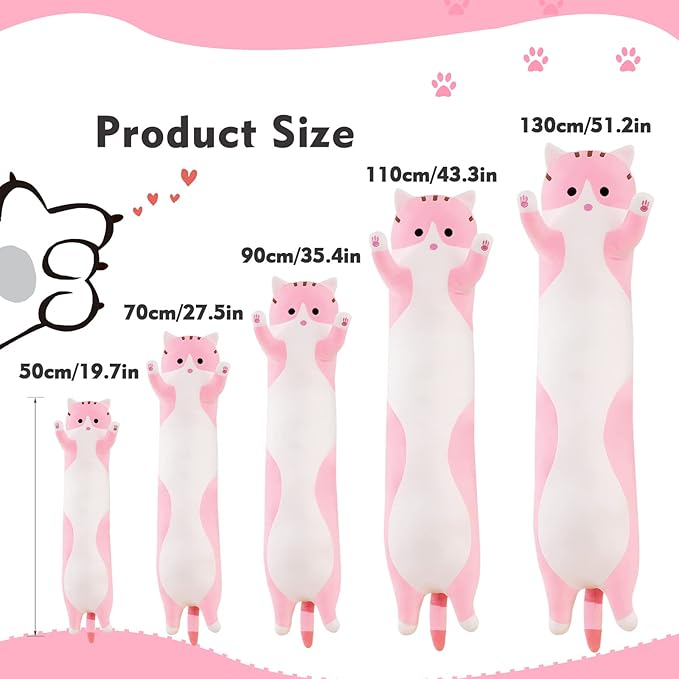 Long Cat Plush Pillow, 35.4in Cute Pink Cat Plushie Stuffed Animals Body Pillow, Kawaii Kitten Soft Plushie Doll Toy Birthday Gift for Kids Girlfriend