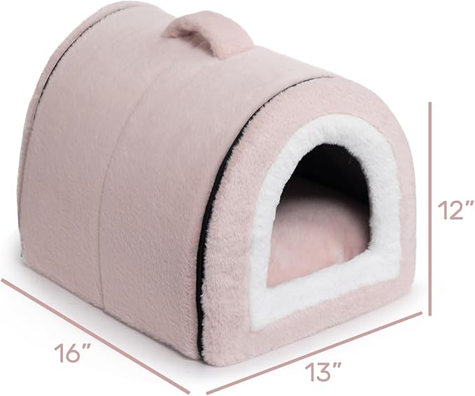 Hollypet Fluffy Cat Bed, 2 in 1 Foldable Cave House Animal Shaped Nest Pet Sleeping Bed, Light Pink