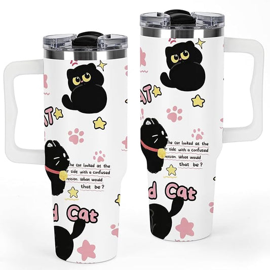 40 oz Tumbler with Handle and Lid, Cat Lover Gift for Women, Stainless Steel Coffee Mug Cat Cup with Handle Christmas Birthday Gift for Mom Wife Girls Insulated Tumbler