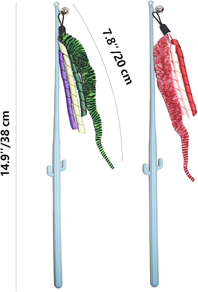 IUHKBH Cat Wands, 2 PCS Interactive Cat Teaser Wand Cat Worm Toys with Ribbon and Bell Pretty Cat Stick Toys for Cats Kittens