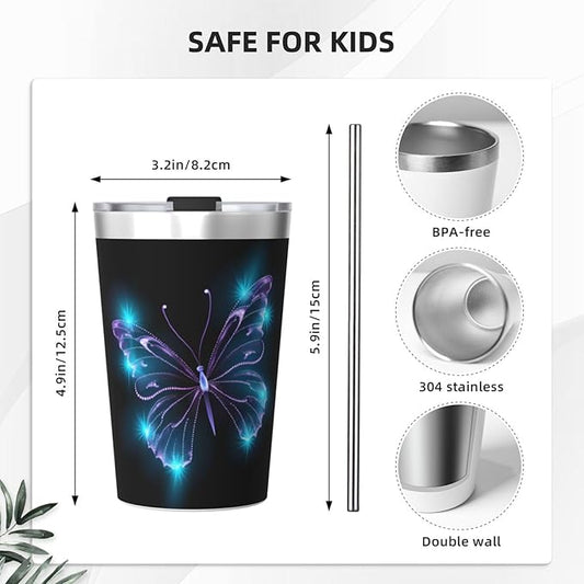 12 OZ Insulated Tumbler Mug with Lid Straw, Butterfly Stars Stainless Steel Coffee Cups for Home Travel Office School Gifts