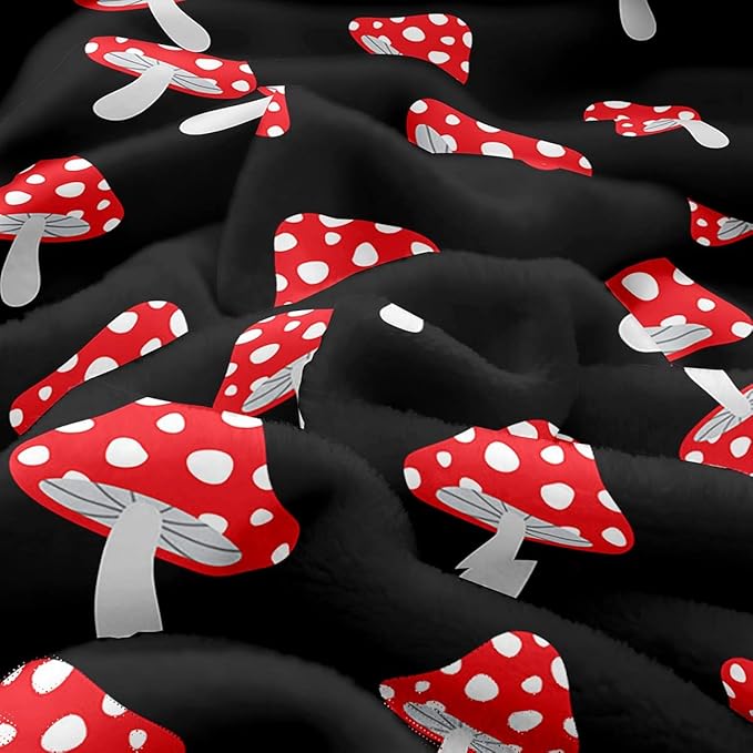 Feelyou Cute Mushrooms Plush Throw Blanket Red Mushrooms Sherpa Blanket Natural Wild Fungus Fleece Throw Blanket Botanical Fuzzy Blanket for Kids Boys Girls 40"x50" Black