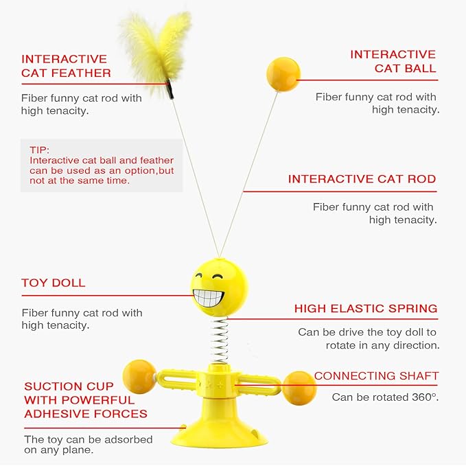 Laxier Cat Toys Interactive Spin with Rotating Springs Ball for Indoor Kittens Self Play Kitty Teaser Wand (Yellow)