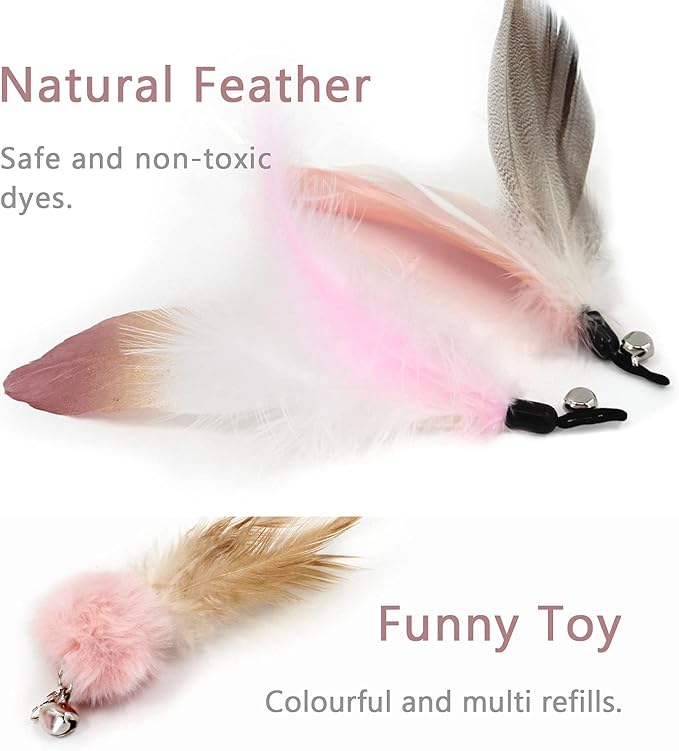 SONGWAY Interactive Cat Feather Toys - 7 Pcs Cat Toy Set, Retractable Cat Wand Toy, Teaser Refills Worm Bird Feathers with Bell, Cat Teaser Toys for Indoor Cats Kitten Play Chase Exercise, Light Pink