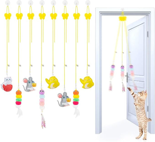 8PC Interactive Cat Toy Cat Feather Toy, Hanging Cat Toy Cat Door Toy Retractable Cat Teaser Hunting Toy, Door Hanging Kitten Mouse Toy Door Frame Hanger for Indoor Cat Mental Physical Play