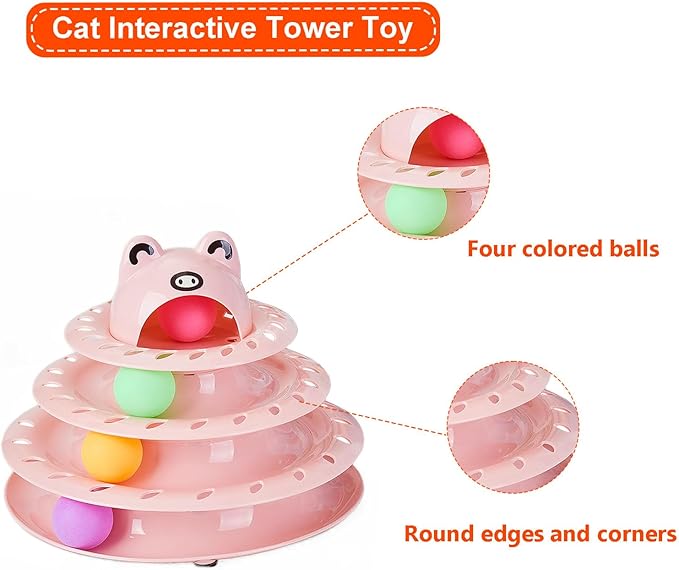 Cat Toys, 4-Level Turntable Ball Track Interactive Cat Toy for Indoor Cats, Self Play Fun Roller with Colorful Rotating Ball Puzzle Exercise Kitten Toys (Pink)