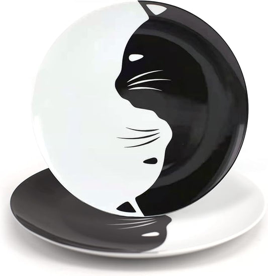 Black and White Cat Porcelain Plate Set, Best Gift For Cat Lover (10.5-inch dinner plate set)