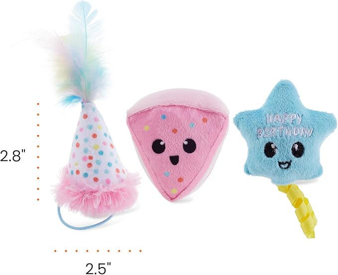 Catstages Happy Purrthday Birthday Themed Plush Catnip Blend Cat Toys, 3Pk, Multicolored