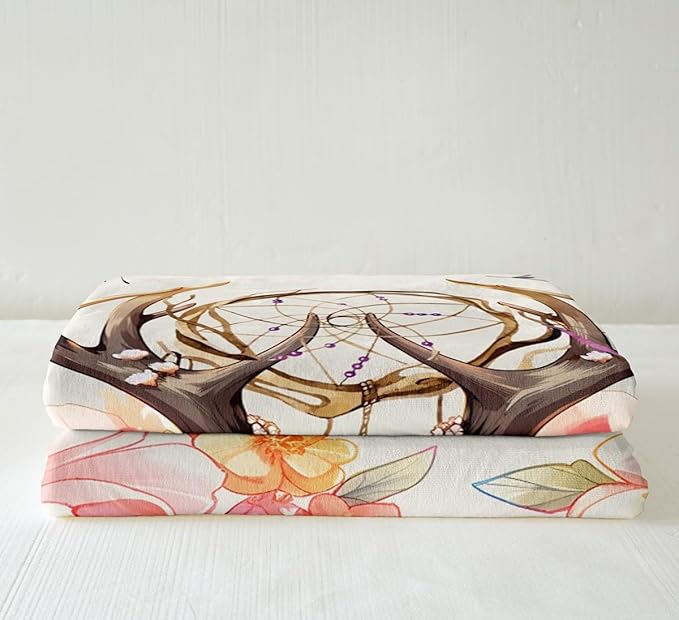 Deer Skull Fleece Throw Blanket for Girls Women Boho Dreamcatcher Floral Blanket Bohemian Dream Catcher Animal Skeleton Sherpa Blanket for Couch Sofa Bed Soft Arrow Fuzzy BlanketBaby 30"x40"