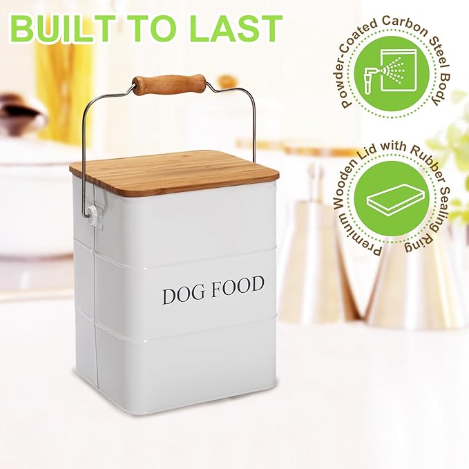 Dog Food storage container Dog Treats Jar, Metal food treats tin for Dog, pet snacks Canisters with wooden lid/handle/sevice scoop,hold 5-6 lbs