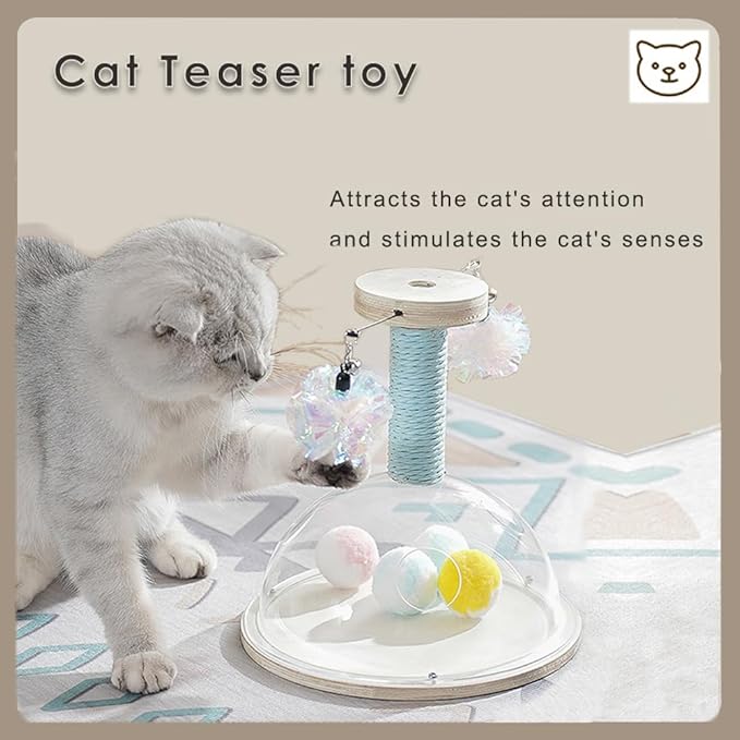 Marchul Cat Ball Toy with Hanging Balls, Wooden Cat Fetch Ball Toy, Sisal Scratcher Interactive Kitten Fun Track Toy for Indoor Cats Physical Exercise, S