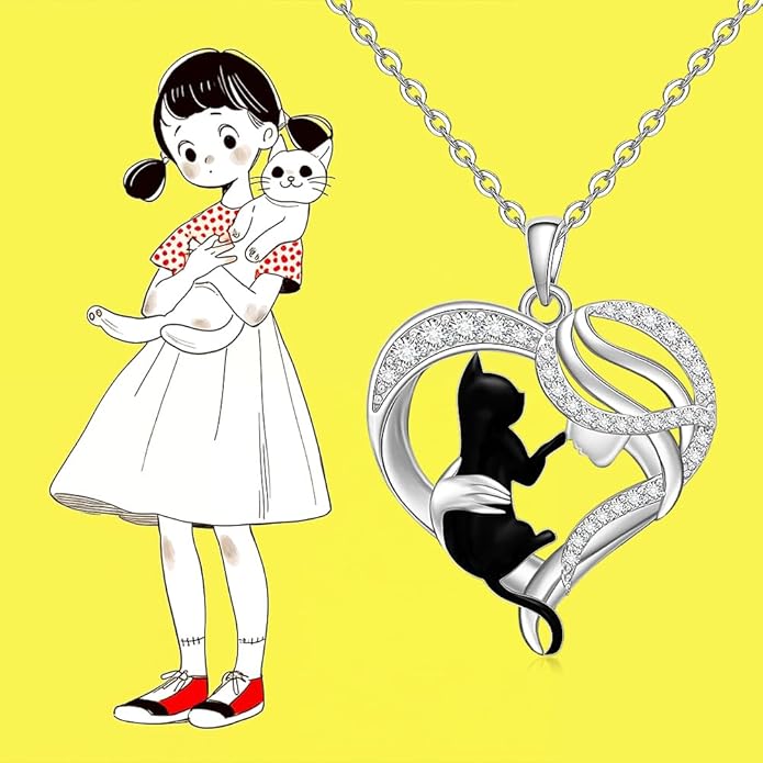 Black Cat Necklace for Women 925 Sterling Silver Cat Necklace Heart Cat Necklaces Pendant Halloween Christmas Gifts