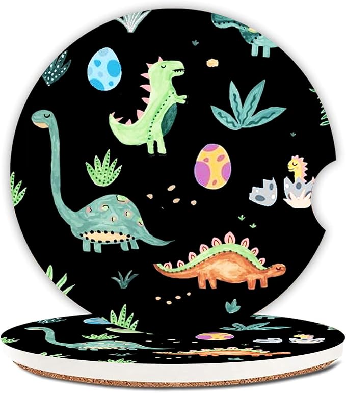 Car Coasters Pack of 2,Cute Dinosaur Graffiti Ceramic Cup Holders Car Coasters,Keep Cup Holders Clean and Dry,Drink Cup Car Holder Coasters with A Finger Notch