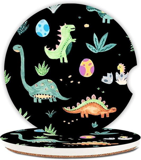 Car Coasters Pack of 2,Cute Dinosaur Graffiti Ceramic Cup Holders Car Coasters,Keep Cup Holders Clean and Dry,Drink Cup Car Holder Coasters with A Finger Notch