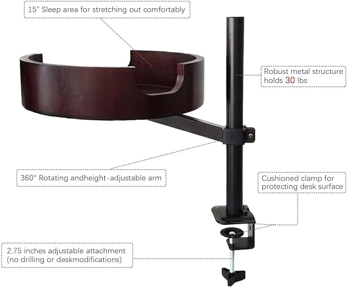 Cat Bed Desk - Adjustable Wooden Cat Bed for Home Office and Study Rooms, Desktop Kitten Furniture Attachment with Pet Mat, Ball, Mouse (Large)