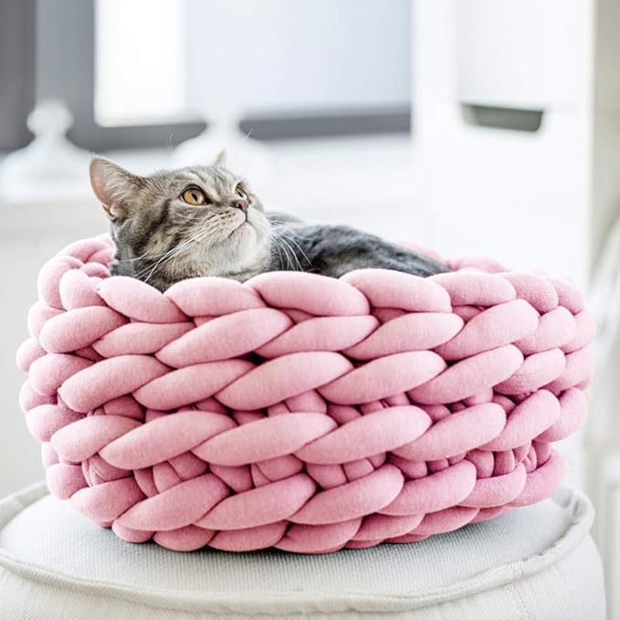 Lucky Monet Cat Basket Bed Cotton Knitted Round Pet Beds for Cats Cute Boho Cat Pet Bed Warm Woven Cat Nest for Puppy Kitten Cats Dogs (11.8", Pink)