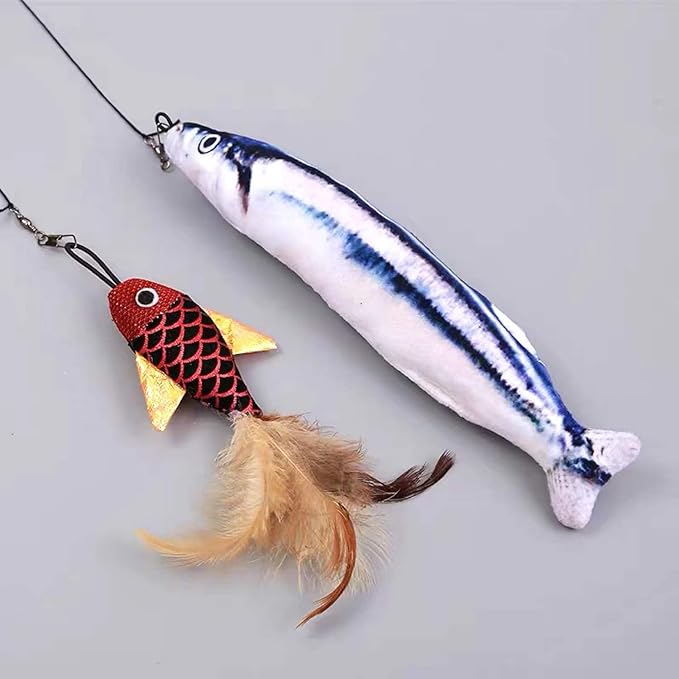 Cat Fishing Pole Toy, Interactive Cat Teaser Wand, Retractable Fishing Pole Cat Toy with Reel, Cat Pole for Indoor Cats, Cat Fishing Rod Catcher for Kitty Kitten Cat Feather Toy Mouse