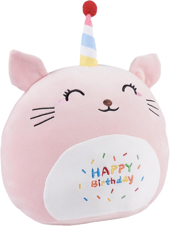 16 Inch Plush Birthday Cat Kitty Stuffed Animal Happy Birthday Cat Hugging Pillow Birthday Cat Plushies Throw Pillow Birthday Pink Cat Kitten Anime Gift for Kids and Lovers