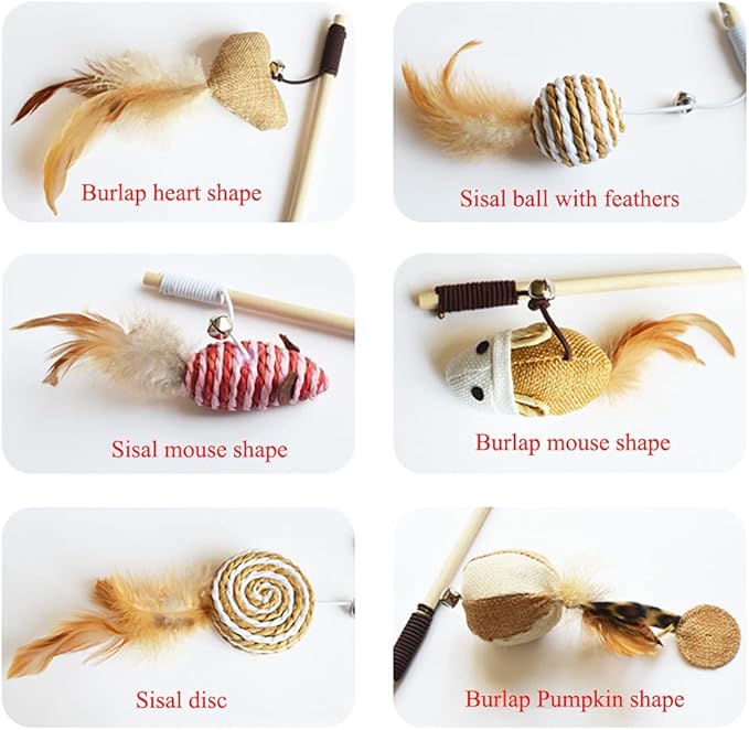 Artshu 6pcs/lot 40cm Pet Cat Teaser Toys Feather Linen Wand Cat Catcher Teaser Stick Cat Interactive Toys Wood Rod Mouse Toy with Mini Bell
