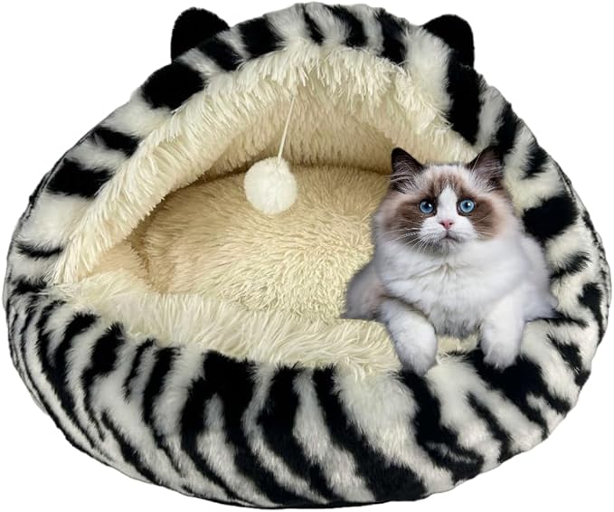 Hooded Plush Cat Bed Cave, Comfy for Indoor Cats, Calming Soft Faux Fur, Anti-Anxiety Plush Hooded Cat Cave with Fluffy Hanging Ball, Washable Anti-Slip, Playful Cat Bed(Black/White, M)