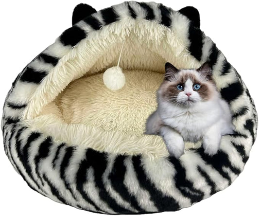 Hooded Plush Cat Bed Cave, Comfy for Indoor Cats, Calming Soft Faux Fur, Anti-Anxiety Plush Hooded Cat Cave with Fluffy Hanging Ball, Washable Anti-Slip, Playful Cat Bed(Black/White, M)