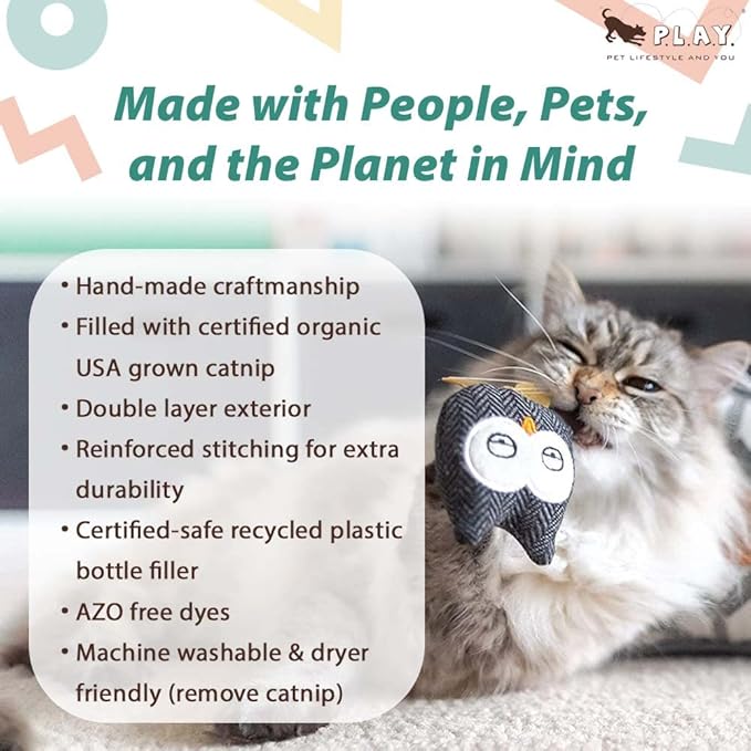 P.L.A.Y. Cute Cat Toys - Feline Frenzy Animal Critter Themed Catnip Filled Toy, Great for Adult Cats and Kittens - Machine Washable, Recycled Materials, Crinkles, Rattle (Hooti-Ful Owl, Set of 2)