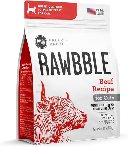 BIXBI Rawbble Freeze Dried Cat Food, Beef Recipe, 3.5 oz - 97% Meat and Organs, No Fillers - Pantry-Friendly Raw Cat Food for Meal, Treat or Food Topper - USA Made in Small Batches