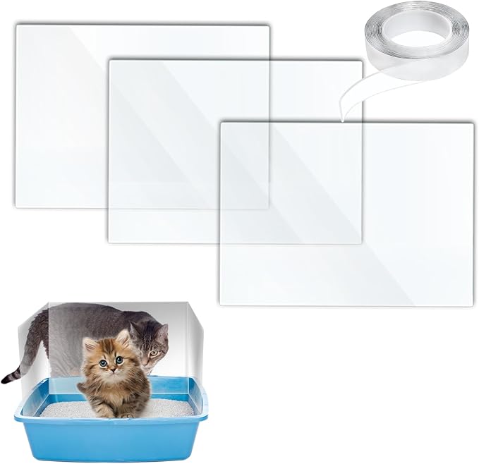 3 PCS Cat Litter Box Pee Shields with 1 Nano Tape, Keep Litter in The Pan, Easy Clean Transparent Cat Litter Box Pee Splash Guard for Open Top Cat Litter Box 15.8×11.8in